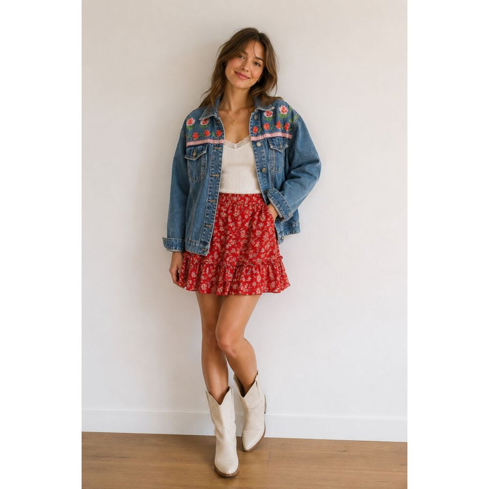 Vintage Denim Jacket Embroidered Roses Boho Women's Medium Bill Blass Jeans 90's